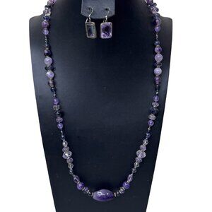 Vtg Gemstone Sterling Silver Amethyst Beaded Rock Quartz Necklace & Earrings Set